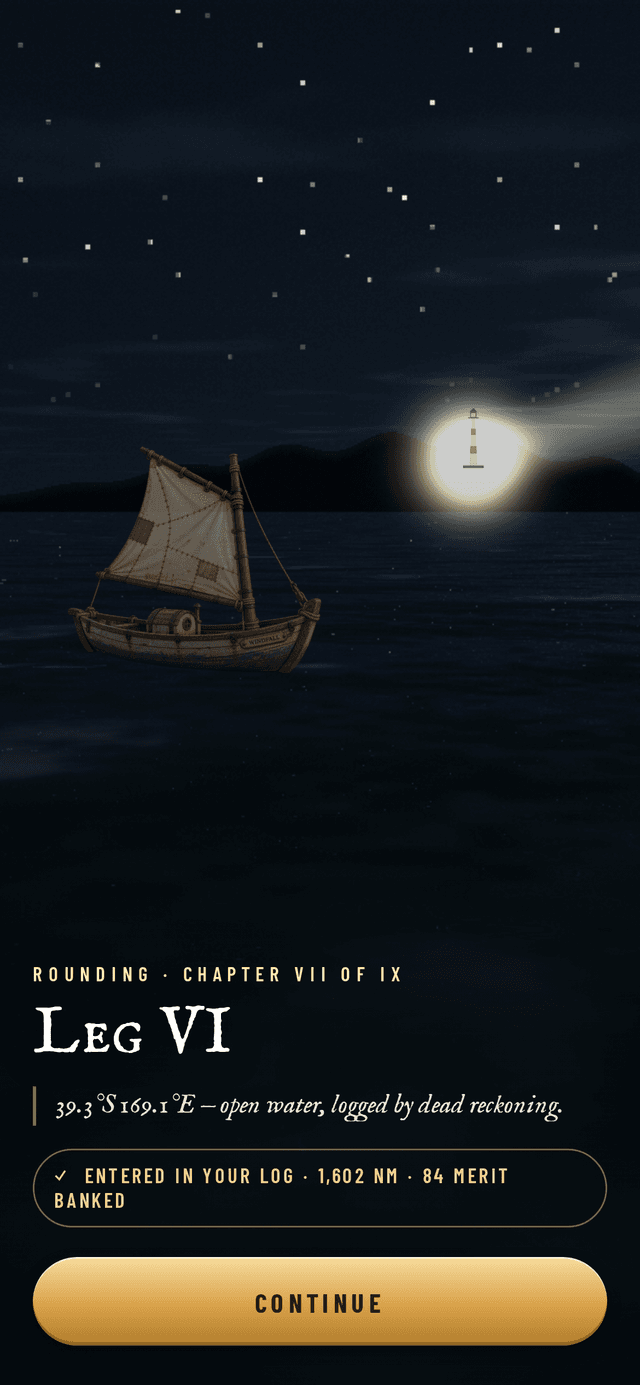 A chapter ceremony at night: the ship passes a lighthouse while rounding chapter seven of nine, with 1,602 nautical miles and 84 Merit entered in the Log.
