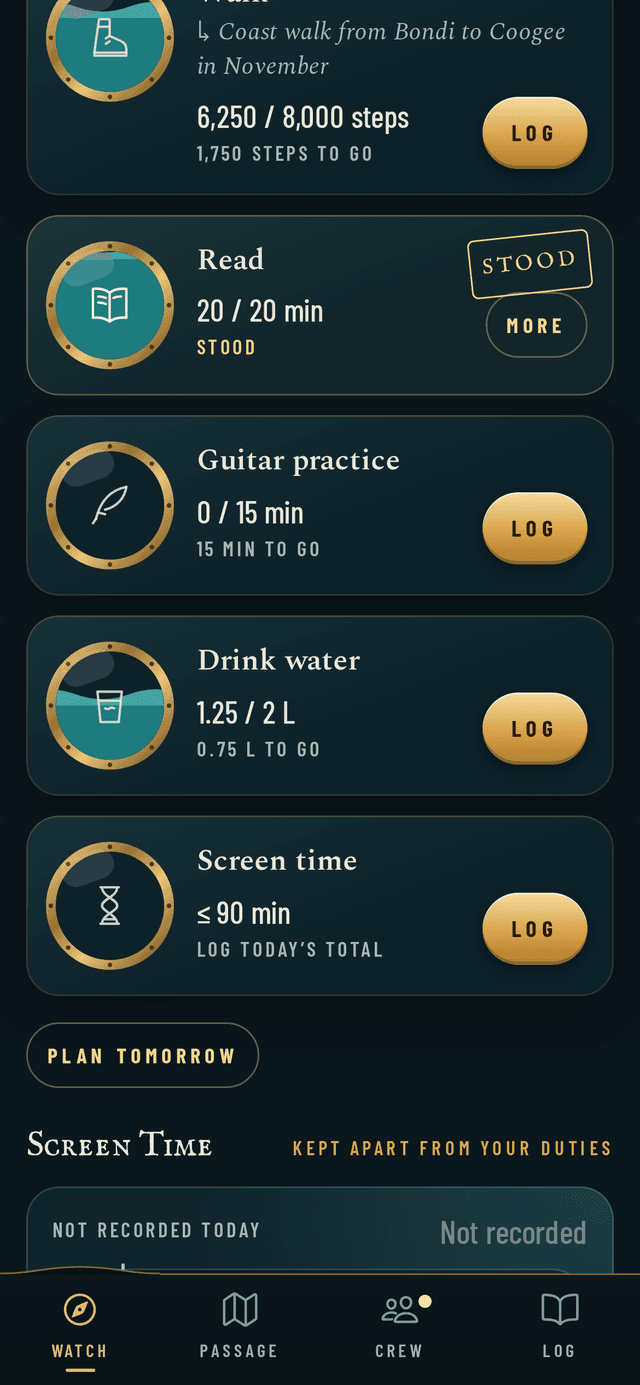 Today's Duties in The Helm: Walk at 6,250 of 8,000 steps, Read stood at 20 of 20 minutes, Guitar practice at 0 of 15 minutes, Drink water at 1.25 of 2 litres, and a Screen time limit of 90 minutes, each with a Log button.
