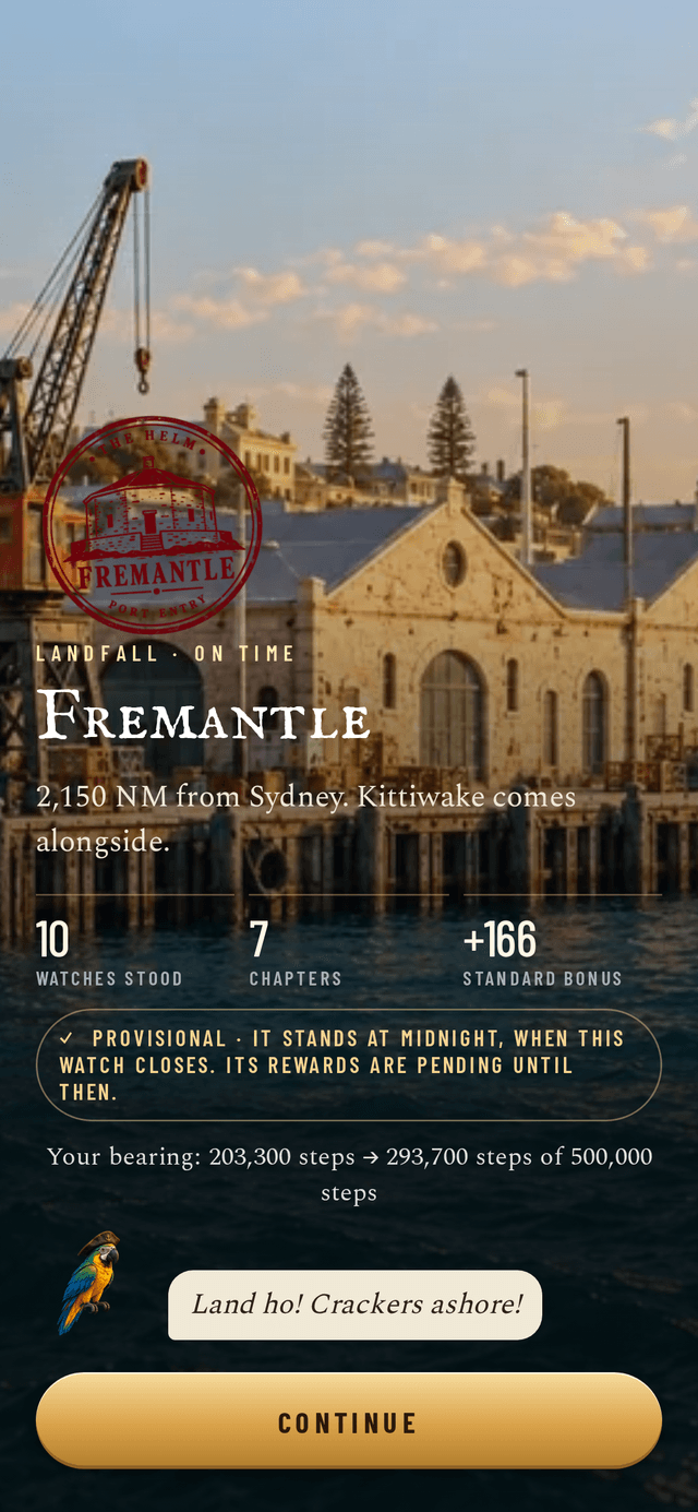 The landfall ceremony at Fremantle, on time: 2,150 nautical miles from Sydney, 10 Watches stood, 7 chapters and a +166 Standard bonus, provisional until the Watch closes at midnight, with the line “Your bearing: 203,300 steps → 293,700 steps of 500,000 steps” and Polly the parrot calling “Land ho! Crackers ashore!”