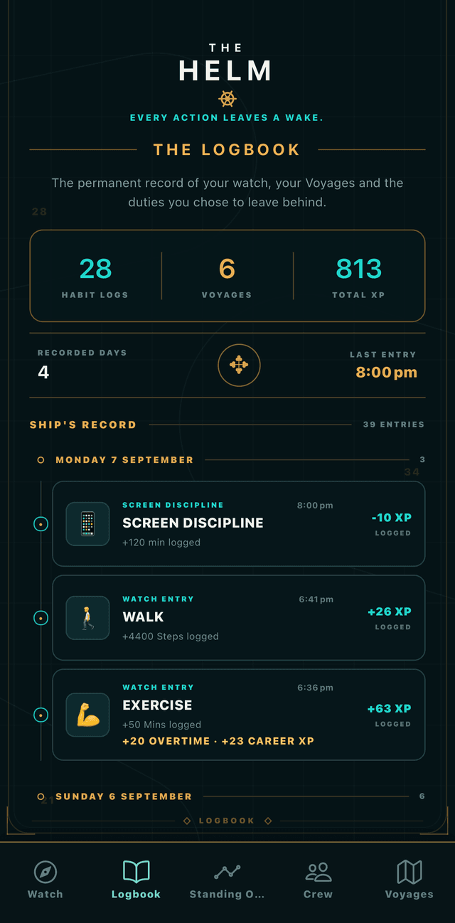 THE HELM's Logbook: a stat panel reading 28 habit logs, 6 Voyages and 813 total XP, above the Ship's Record — a dated timeline of logged entries with XP awards.
