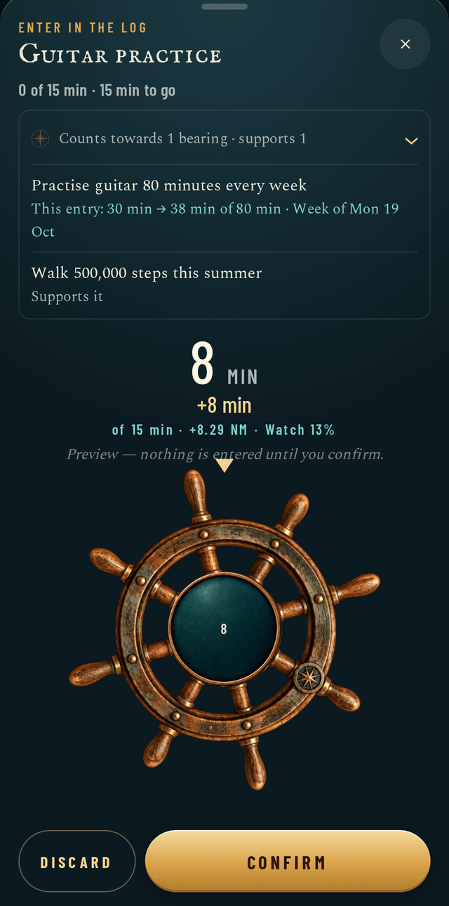 The log sheet for Guitar practice: counts towards 1 bearing and supports 1; this entry takes Practise guitar 80 minutes every week from 30 to 38 minutes of 80; the Ship's Wheel set to 8 minutes, previewed as 8.29 nautical miles and 13 percent of the Watch, with Discard and Confirm.