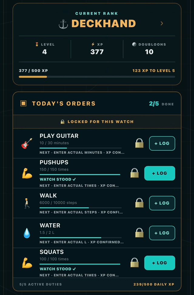 THE HELM's Today's Orders: a short list of daily commitments — Play Guitar, Pushups, Walk, Water and Squats — each with its own progress and a Log action, under the day's Current Rank.