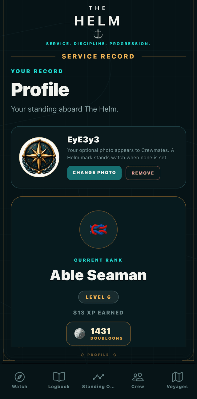 THE HELM's Service Record: a profile with the current rank Able Seaman, a Level 6 badge, 813 XP earned and a balance of 1,431 Doubloons.