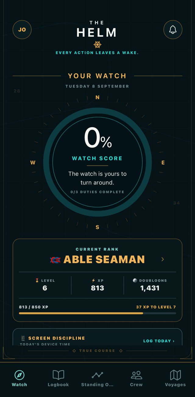 THE HELM's Watch screen: the day's Watch Score on a compass dial, with Current Rank, Level, XP and Doubloons below.
