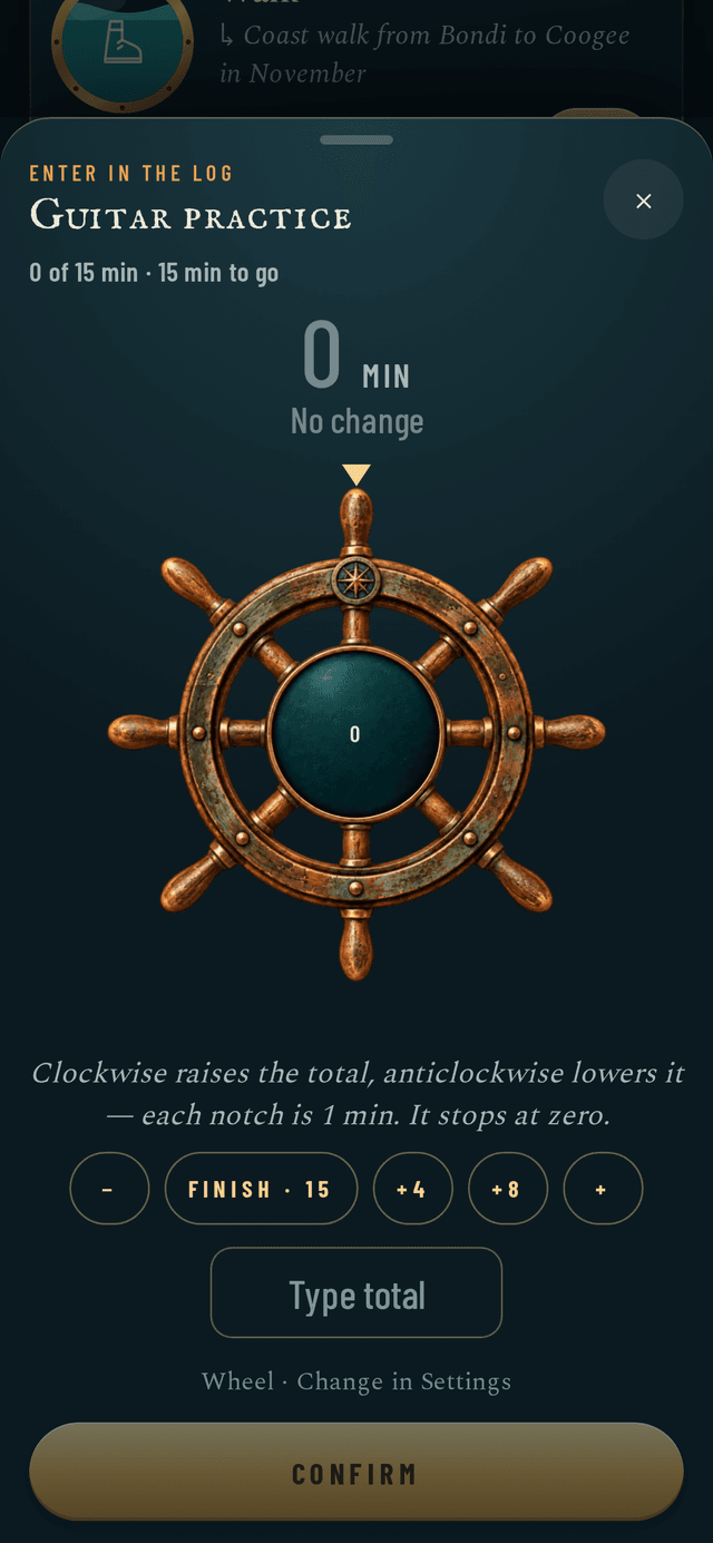 The Ship's Wheel log sheet for Guitar practice: turn the wheel clockwise to raise the total one minute per notch, with quick buttons and a Confirm button.